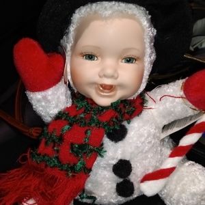 Adorable baby snow doll Christmas holiday. So cute porcelain head hands and feet